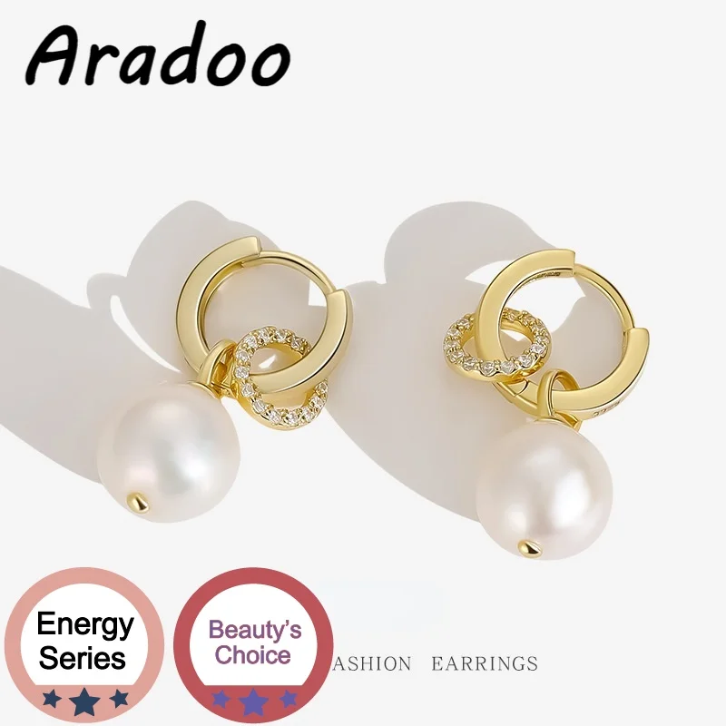 

ARADOO Double Ring S925 Silver Baroque Natural Freshwater Pearl Earrings Women's Fashion Multi-element Earrings