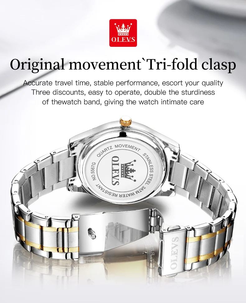 OLEVS 5567 Luxury Stainless Steel Lover Watches Fashion Gold Quartz Watch for Men and Woman Couple Watch Lover's Wristwatch Set