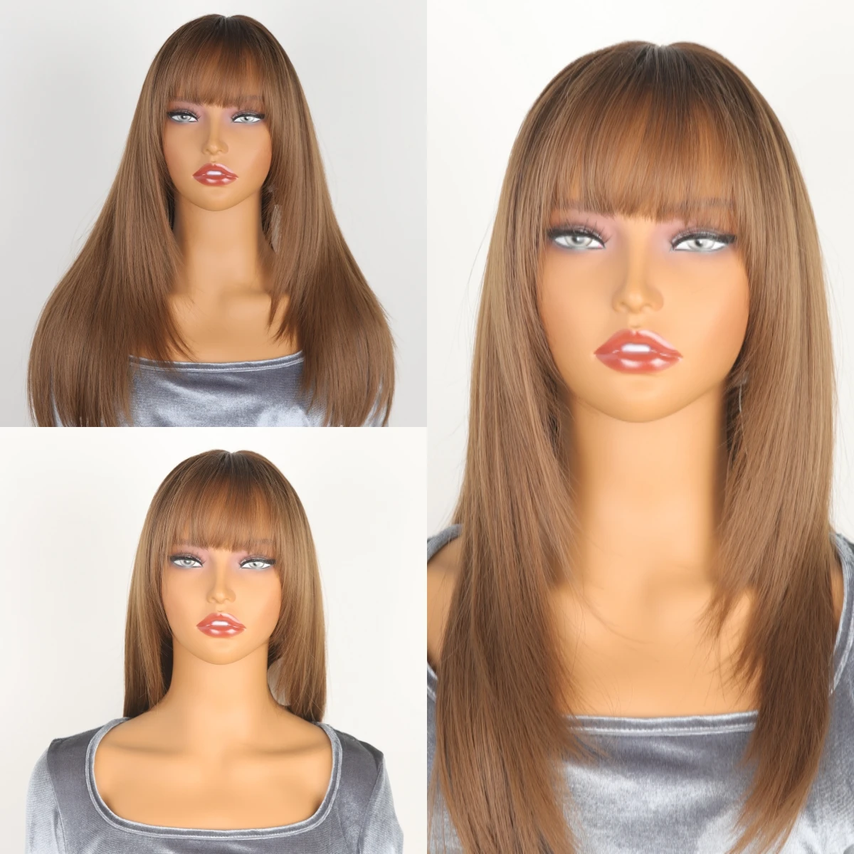 Синтетические парики женские длинные прямые волосы коричневые Qi челки