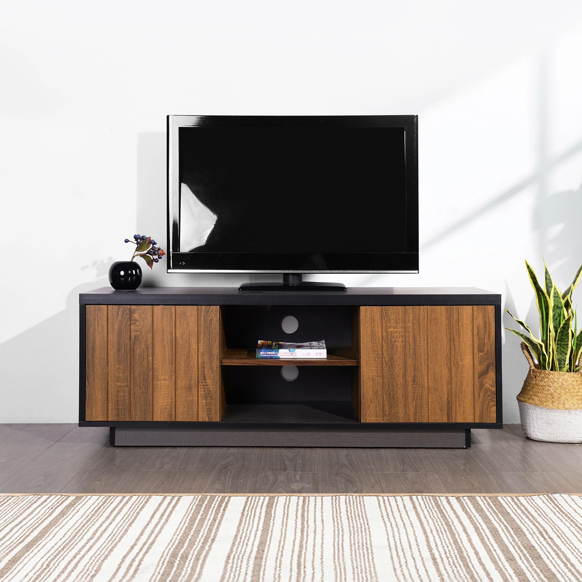 

Flash Sale Modern TV Stand for TVs up to 60 Inch Wood TV Cabinet with Storage for Living Room Brown&Black[US-W]