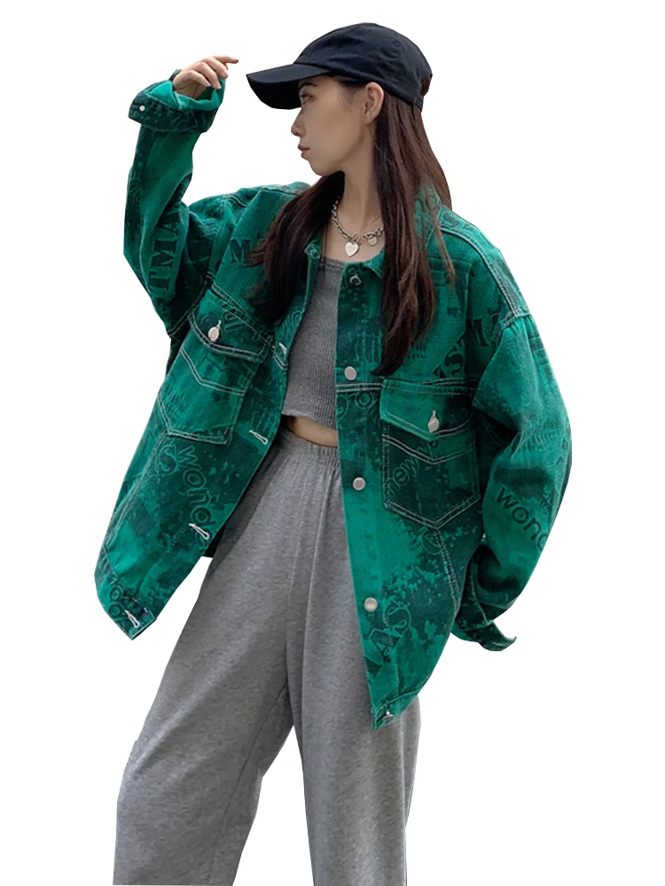 

KBAT 2022 New Autumn Women Denim Jacket Long Sleeve Denim Coat Print Green Bomber Jeans Jacket Pocket Button Vintage Outerwear