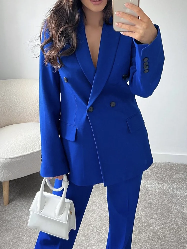

PTYSIC Elegant Women Blue Blazer Jacket Double Breasted 2022 New Button Up Office Lady Pockets Chic Outerwear
