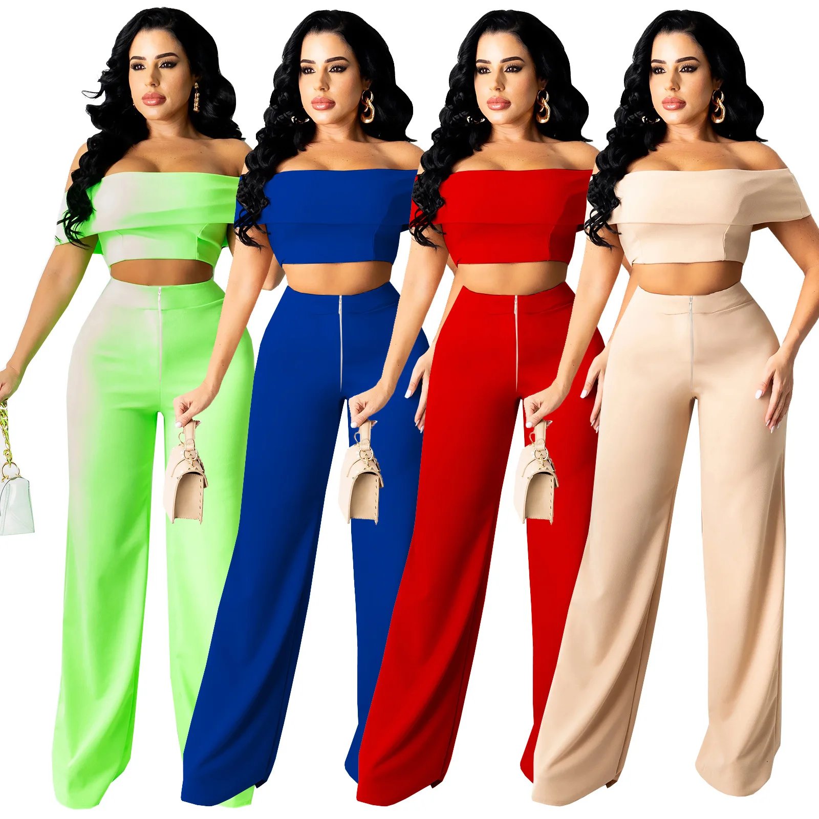 

2022 summer new women's clothing chest wrapped open back wide leg pants one shoulder zipper fashion sexy 2-piece set