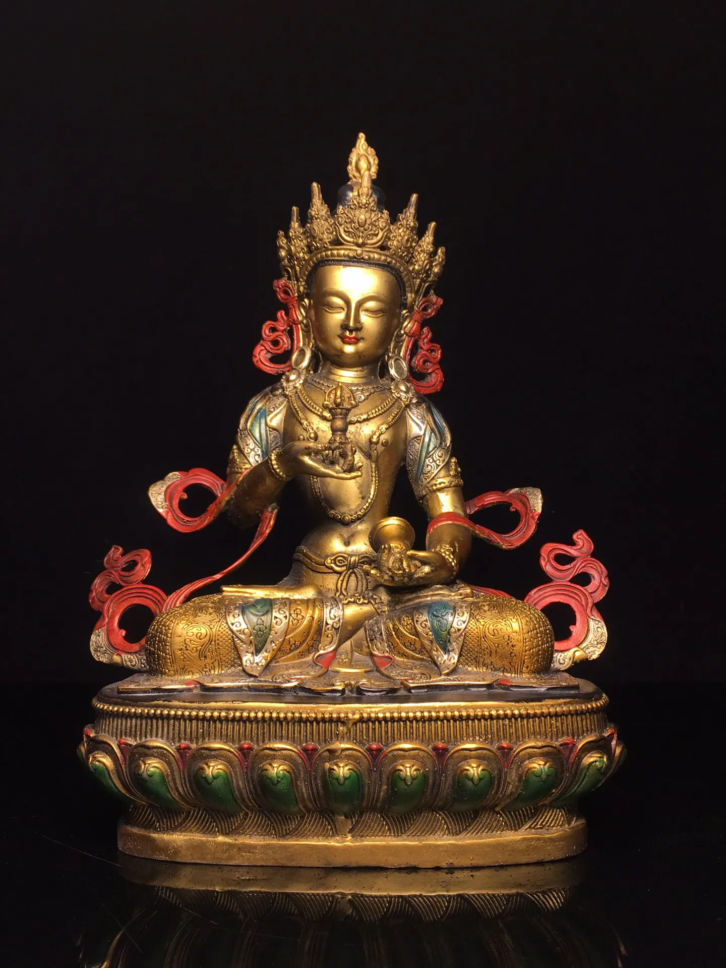

12"Tibet Temple Collection Old Bronze Painted Vajrasattva Tibetan Buddha Lotus Platform Worship Hall Town house Exorcism