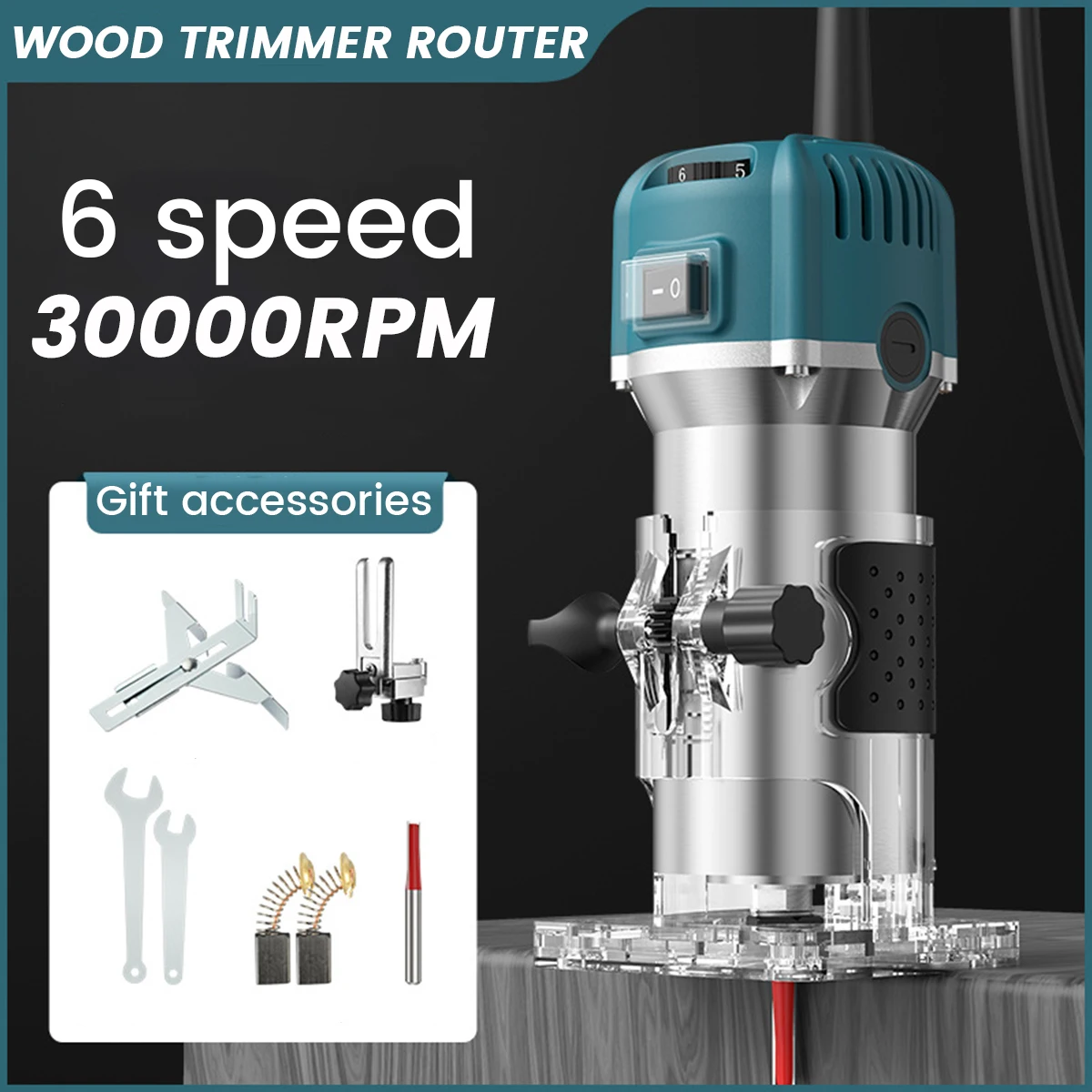 

800W Wood Router Tool Woodworking Electric Trimmer 30000RPM 6 Variable Speed Wood Milling Engraving Slotting Trimming Machine