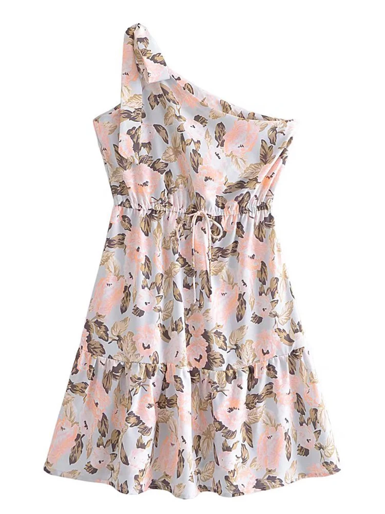

YENKYE New 2022 Women Sexy Slanted Shoulder Floral Print Dress Fashion Ladies Drawstring Waist Holiday Summer Short Dress