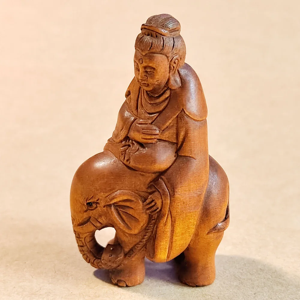 

Y6590 - 2 " Hand Carved Japanese Boxwood Netsuke Carving Figurine - Kwan-yin Riding Elephant