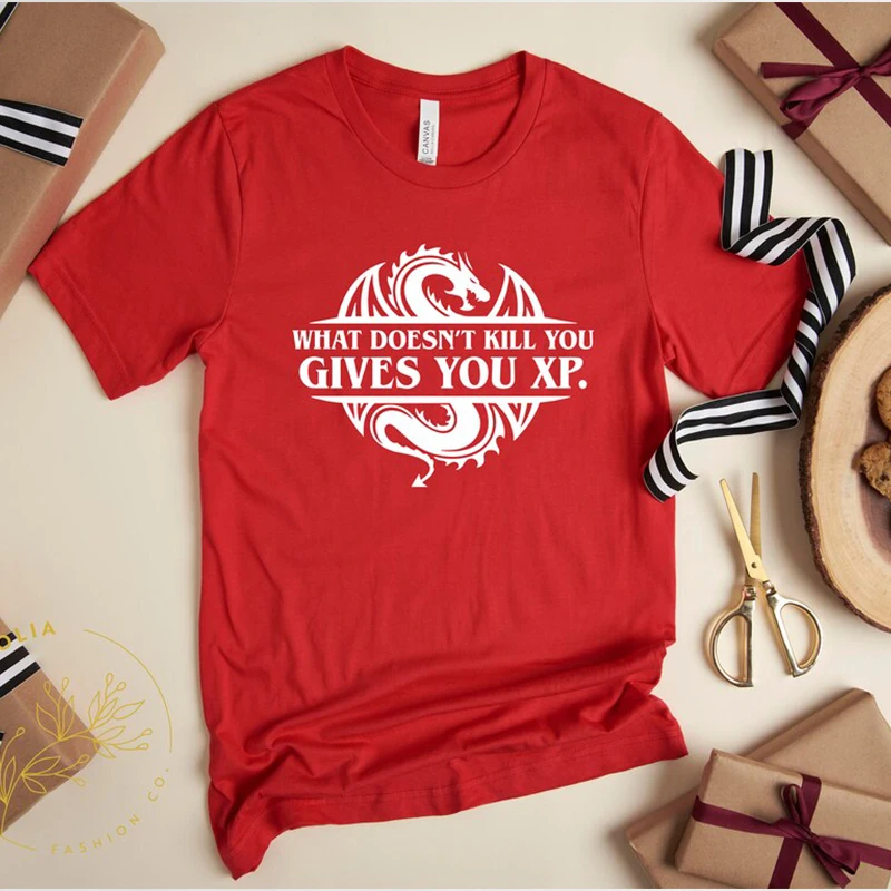 

What Doesn't Kill You Gives You Xp Cute Animal Women T Shirt Cotton Summer Fashion Dragon Print Funny Tshirt Tops Dropshipping