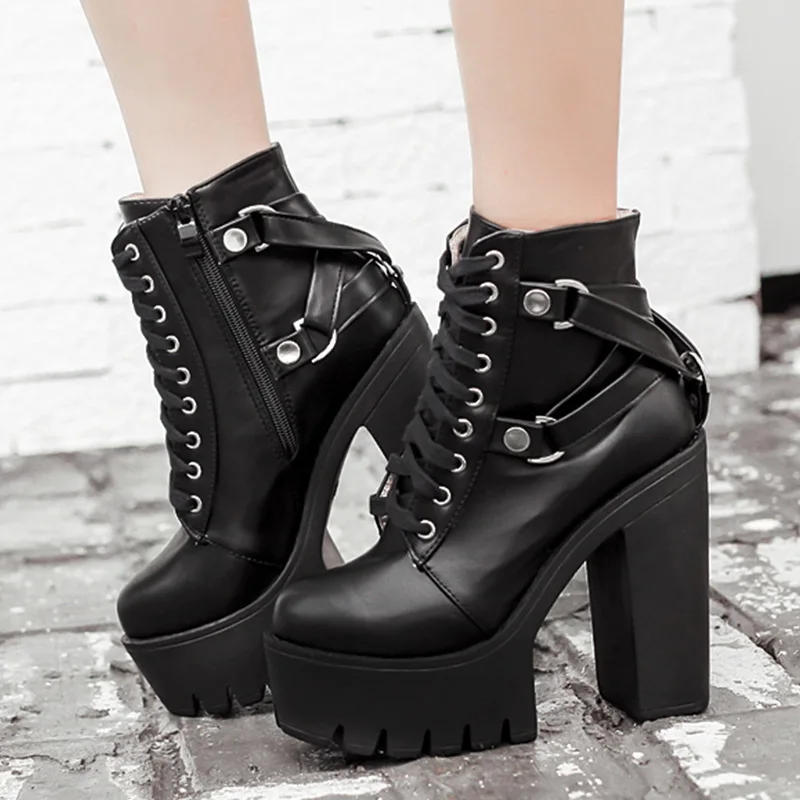 

Gothic Style Women's Boots High Heels Thick Heel Boots Women's Spring and Autumn Nightclub Stage DJ Punk Ankle Boots Large Size