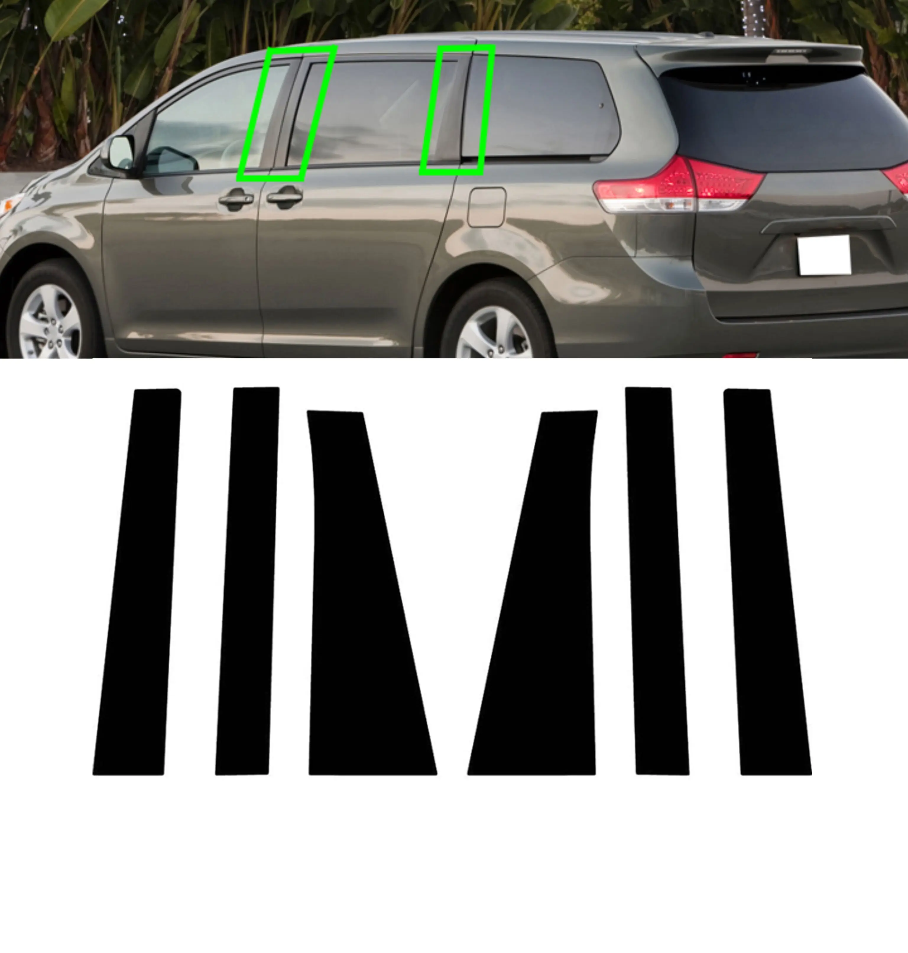 6 шт. глянцевые черные стойки подходят для Toyota Sienna 2010-2017 2018 2019 2020 боковые молдинги