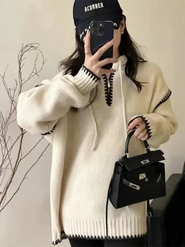 

Fashion Women Sweaters 2023 Autumn Winter Zipper Hooded Pullovers Color Block Long Sleeve Top Korean Fashion Versatile Knitwears