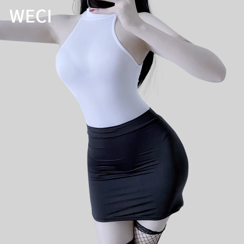 

Women's Erotic Overalls Sexy Cosplay Costume Secretary Office Ladies Outfit Open Crotch Bodysuit Mini Skirt Teacher Uniform Suit