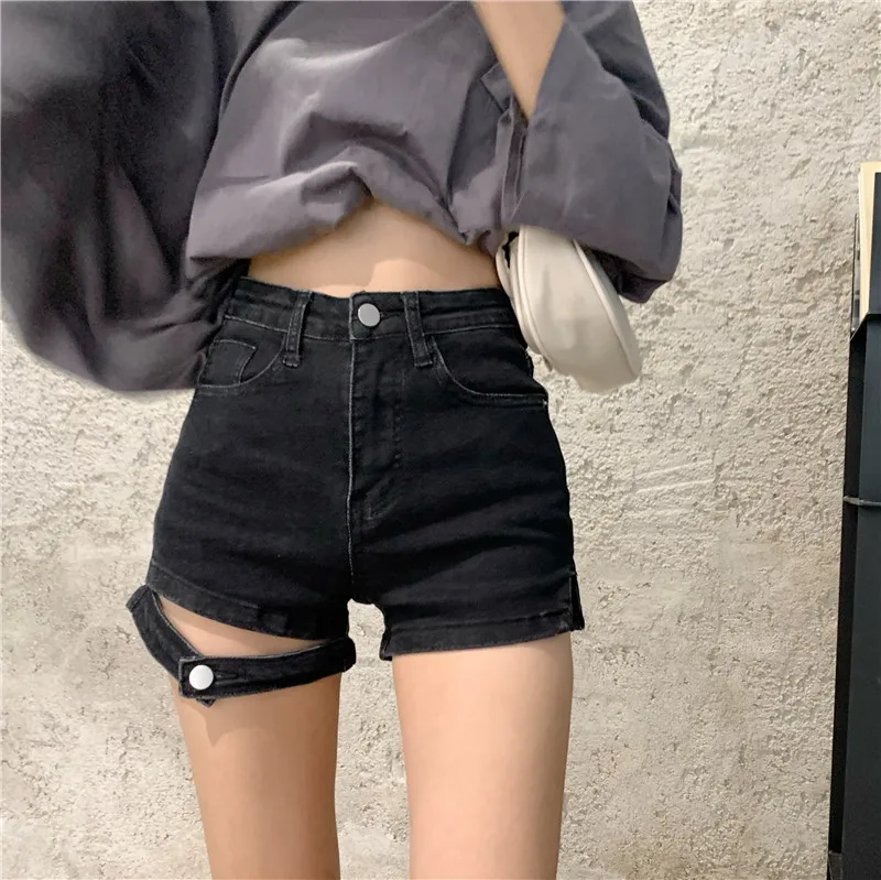2021 Summer High Street High Waist Blue Denim Shorts Solid Short Jeans Indie Casual Streetwear Women's Sexy Elastic Black Shorts