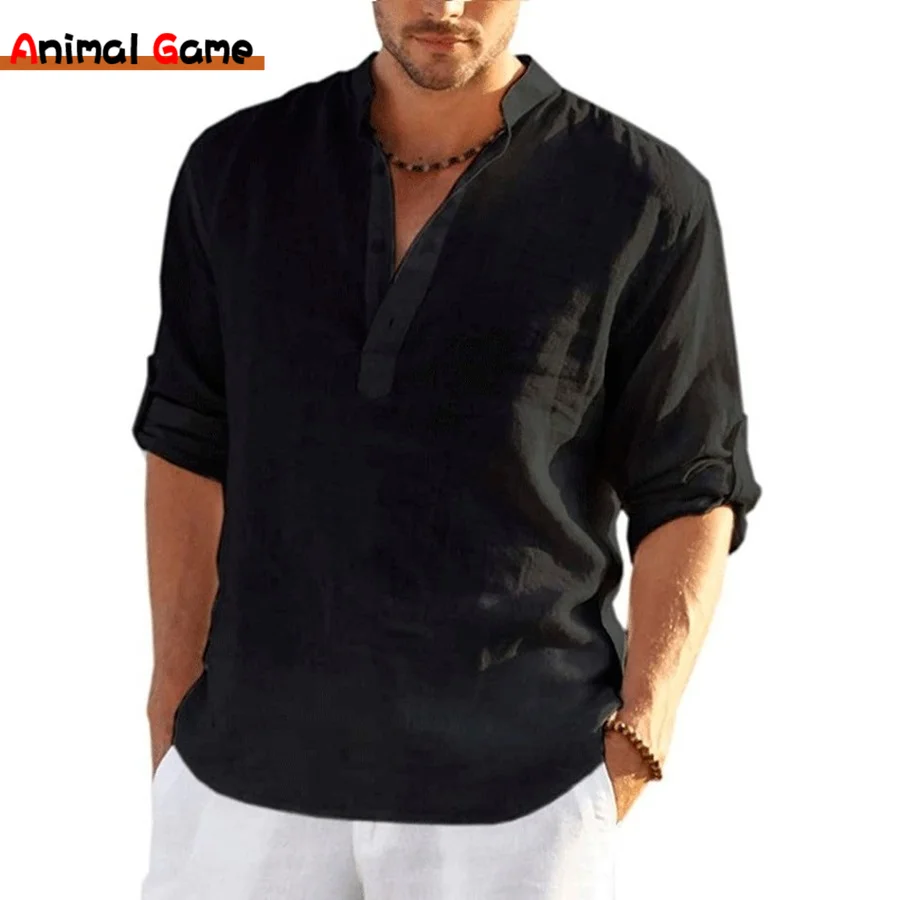 2022 New Men's Linen Long Sleeve Shirt Loose Casual T-Shirt Long Sleeve Cotton Linen Shirt Trend Tops Plus Size S-5XL