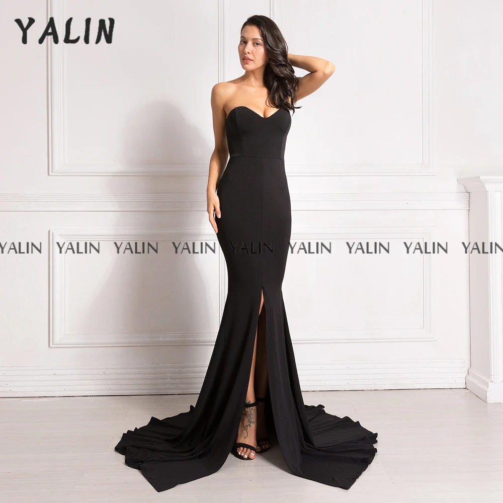 

YALIN Women's Black Evening Dress Mermaid Sexy Sweetheart Collar Backless Prom Grown Sweep Train Chiffon 2022 New pearl dress