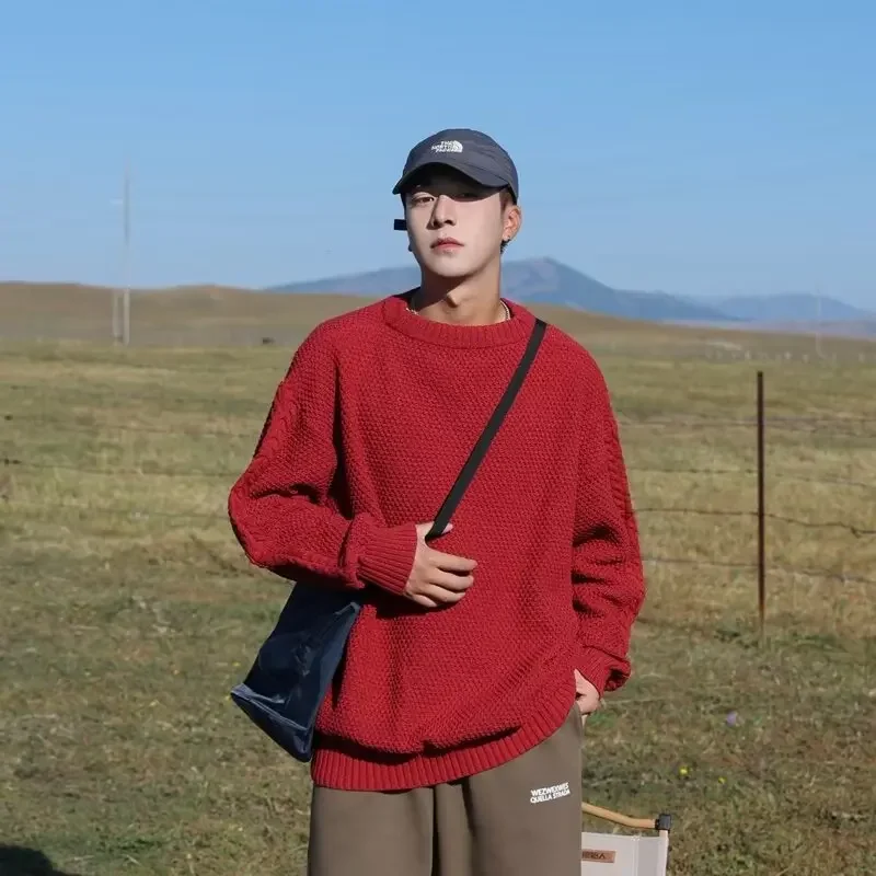 Мужской свободный свитер с круглым вырезом вязаный топ однотонный пуловер