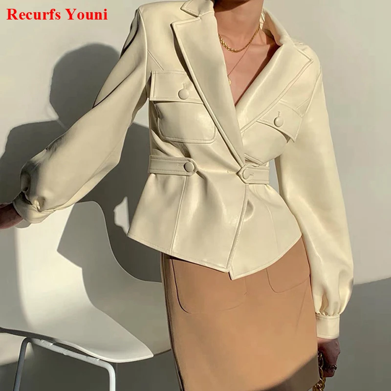 Chaqueta de Cuero con cuello de traje para Mujer, abrigo corto con bolsillo, diseño de cintura delgada con un botón, primavera 2022