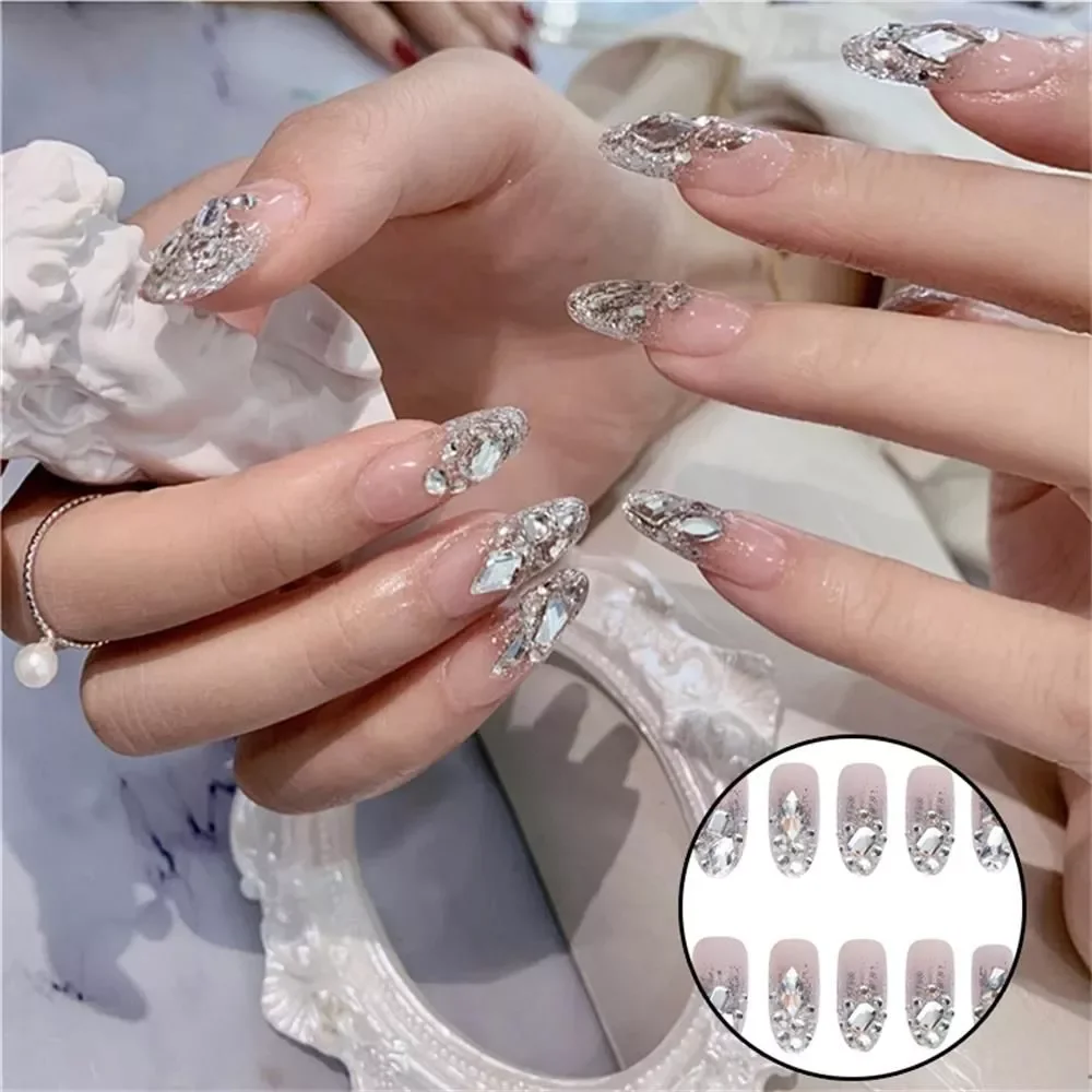 

NEW Luxe Shining Rhinestone Wedding False Nails Transparent Glitter Gems Crown Designed Square Full Short Fake Art Bride