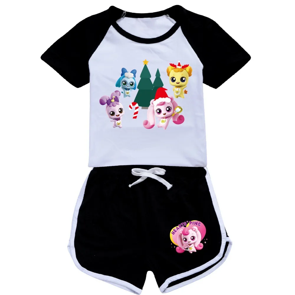

New Girls Boys Summer Set HEART'S PING Kids Sports T Shirt +Pants 2-piece Set Baby Clothes Comfortable Outfits Pyjamas 2-16Y