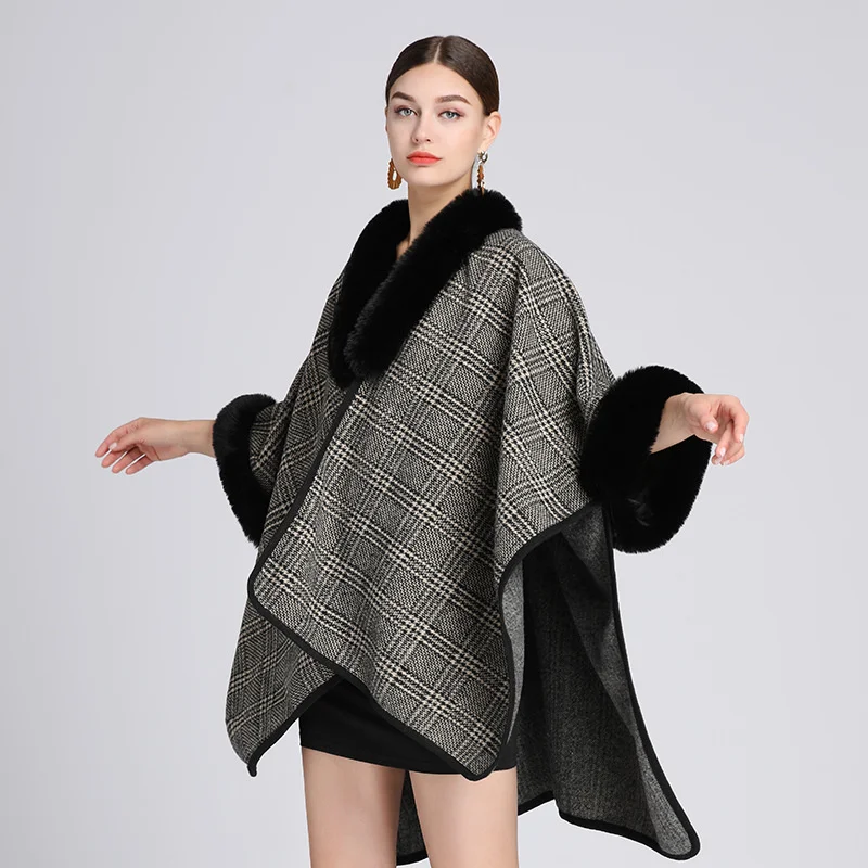

#1210 Winter Long Plaid Shawls And Wraps Women Faux Fur Collar Loose Vintage Cardigan Asymmetrical Cape Coat Batwing Sleeve