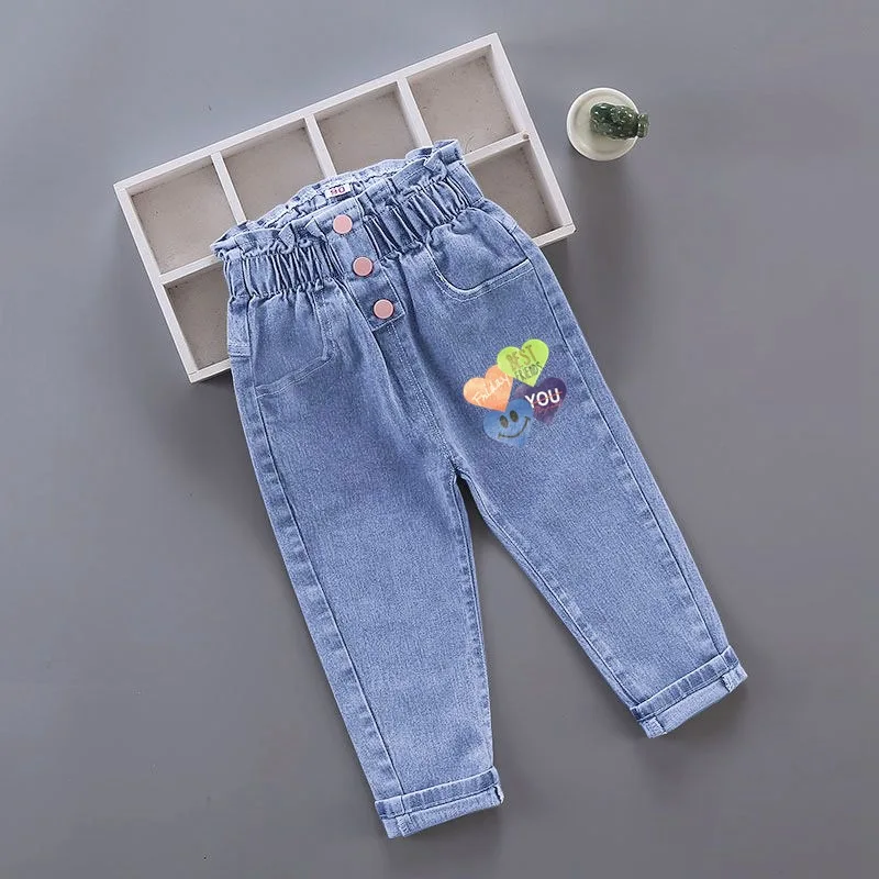 

Girls Jeans Pants Kids Denim Trousers Children Casual Cartoon Jeans Autumn Winter Toddler Baby Girl Clothes for 1-7 Years