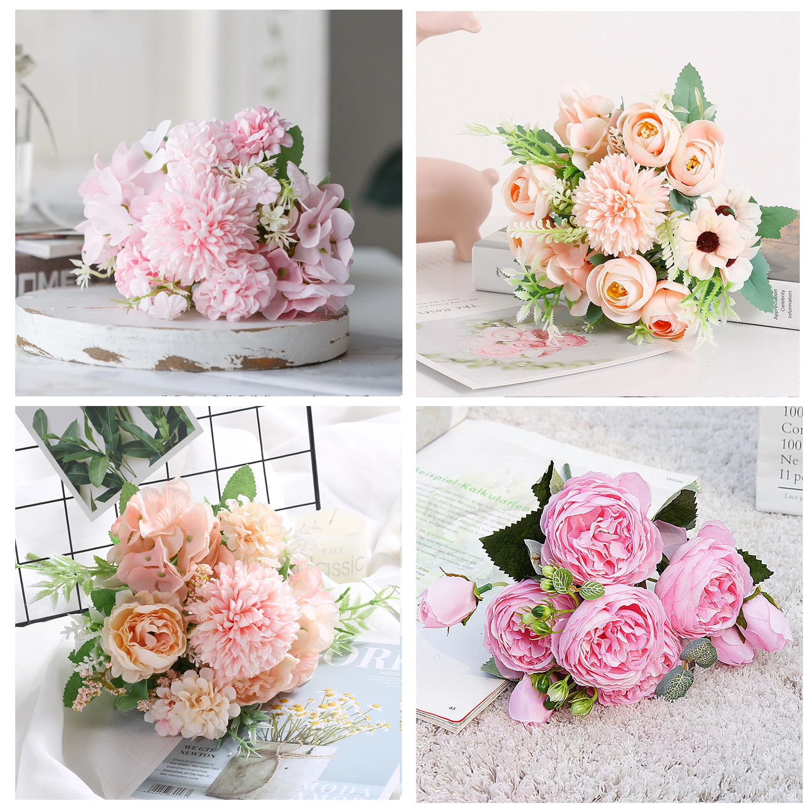 

Pink Silk Peony Bouquet Home Decoration Accessories Wedding Party Scrapbook Fake Plants Diy Artificial Roses Flowers