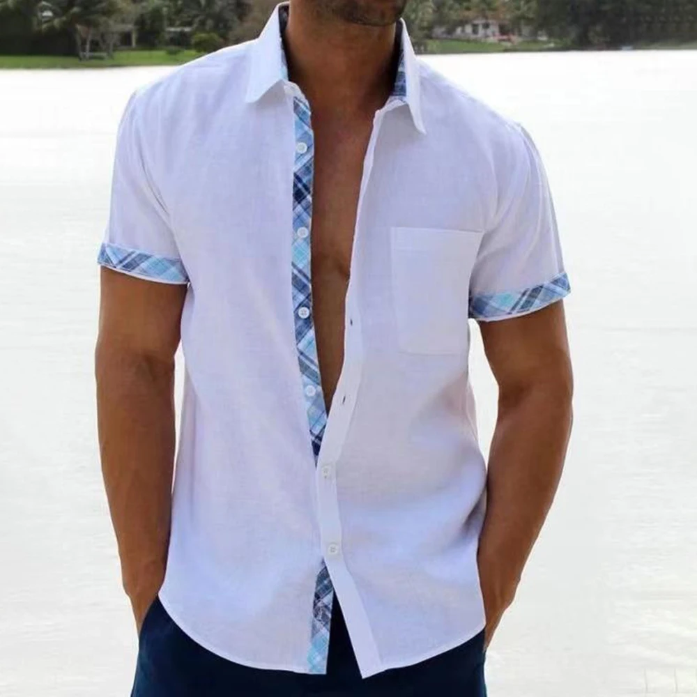 

2023 Summer Men's Short-sleeved Shirt Beach Vacation Style Fashion Contrast Color Plaid Retro Casual Lapel Top Men's Clothing