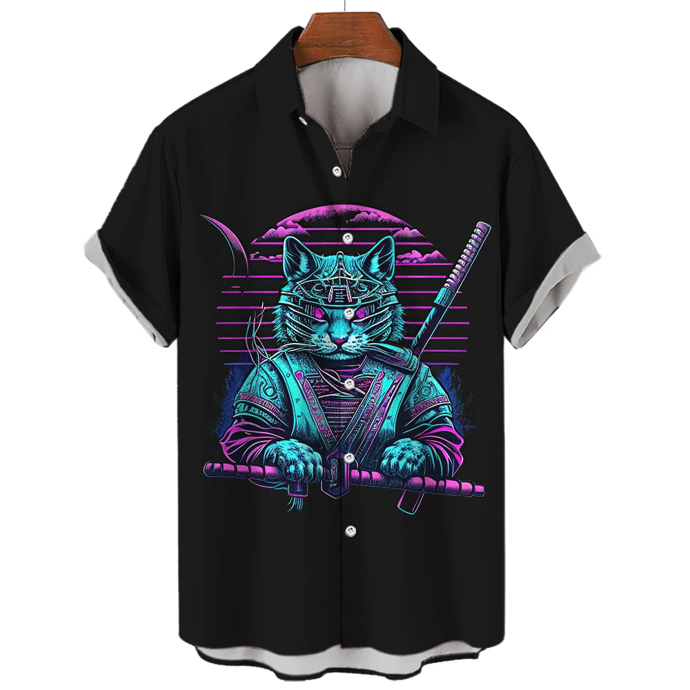 2023 Japan men's shirt Bushido cat shirt top pet clothing men's animal print 3D shirt summer unisex Hawaiian men's shirt