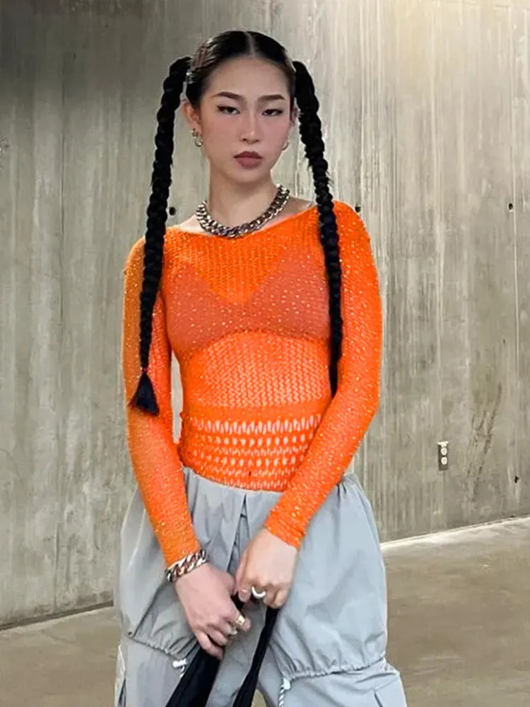 

Женский прозрачный комбинезон Sisterlinda, трикотажный комбинезон с открытой спиной и длинным рукавом, пуловеры скинни, Y2k