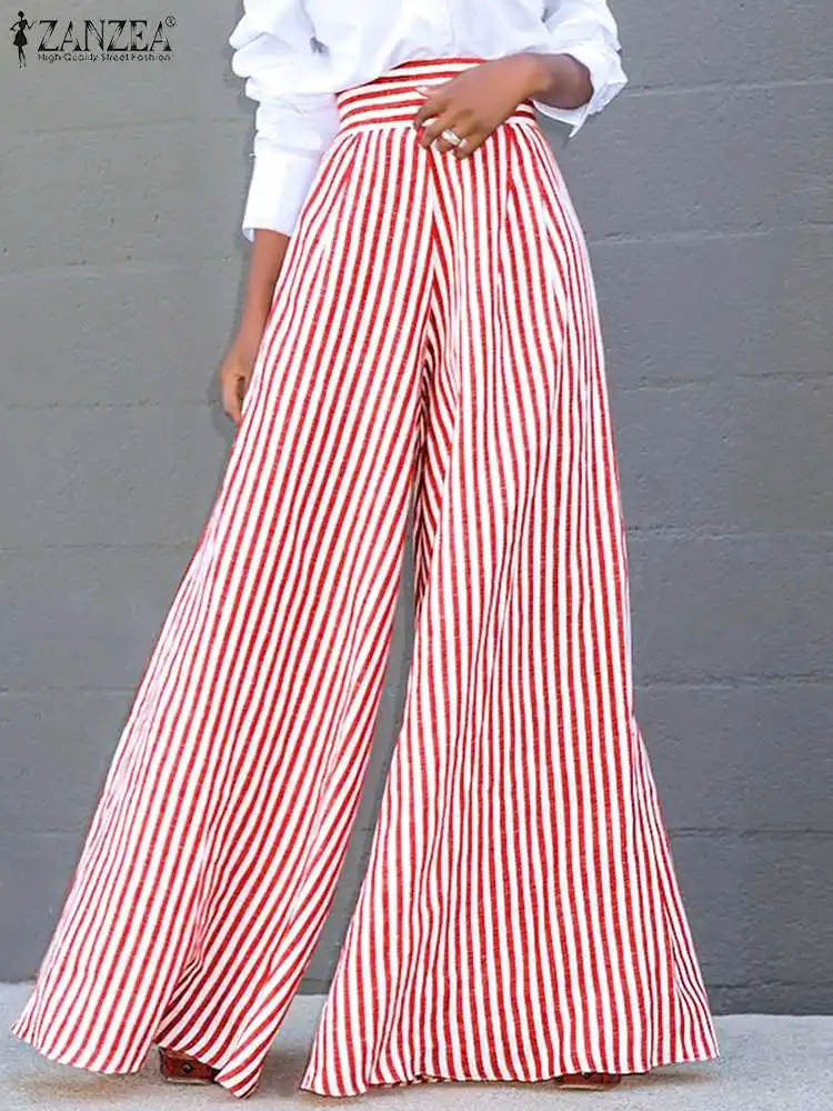 

ZANZEA Women Striped Printed Wide Leg Pants Fashion OL High Waist Pants Oversized Casual Loose Zip Up A-line Pantalons Palazzo