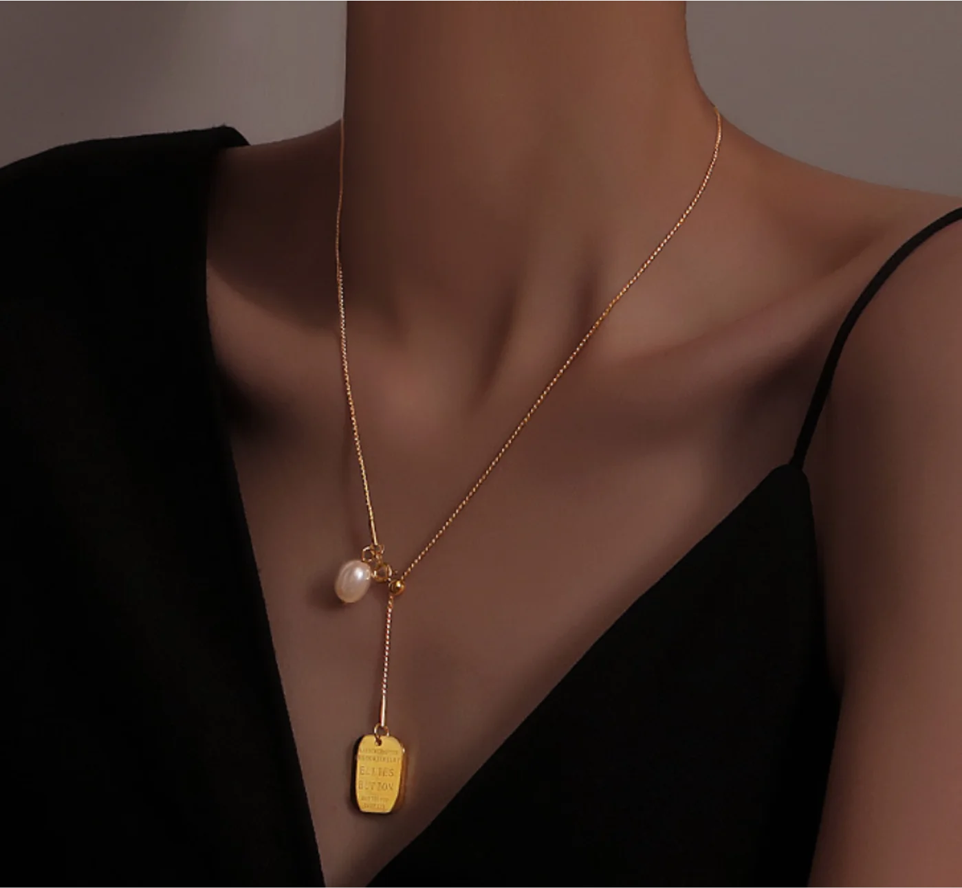 

Simple tassel square brand pearl pendant can stretch titanium steel Necklace for women Fashion Jewelry (5pcs of free shipping)