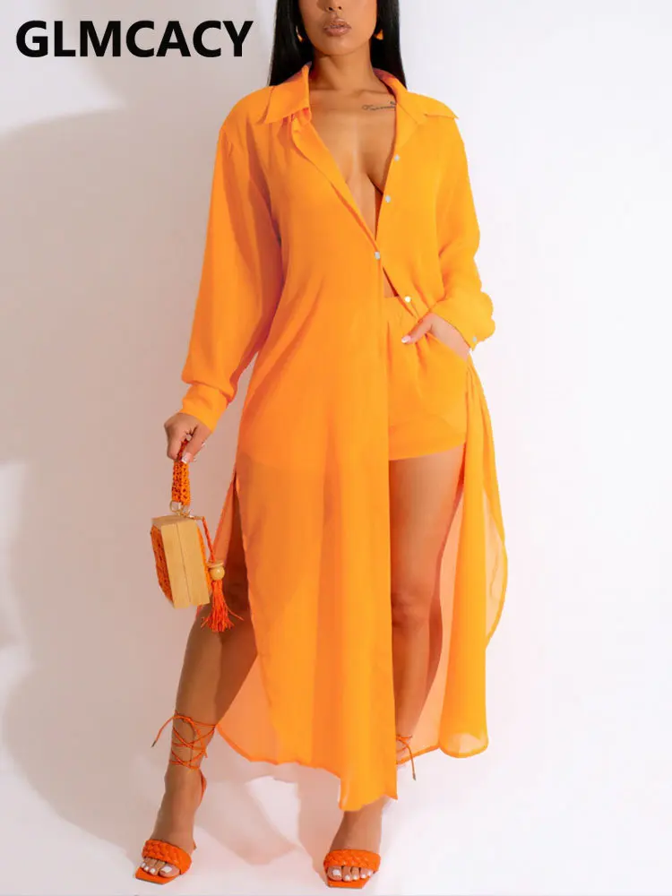 

Женские прозрачные костюмы из 2 предметов, длинная рубашка на пуговицах с длинным рукавом и облегающие шорты с карманами