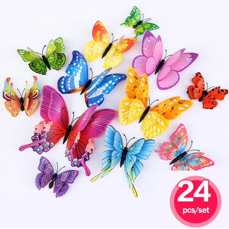 

24Pcs/lot Wall Stickers Home Decor Living Room 3D Butterfly Fridge Stickers Removable Wall Sticker for Wedding Window Decoration