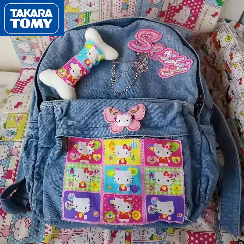 

TAKARA TOMY Cute Cartoon Hello Kitty Sweet Bow Schoolbag Simple Casual Stitching Capacity Storage Denim Backpack 15 Inches