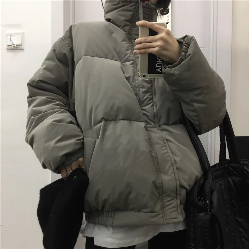Women Winter Coats Korean Ins Harajuku Student Fashion Couple Coat Solid Color Thickened Loose High Collar Cotton Padded Jackets