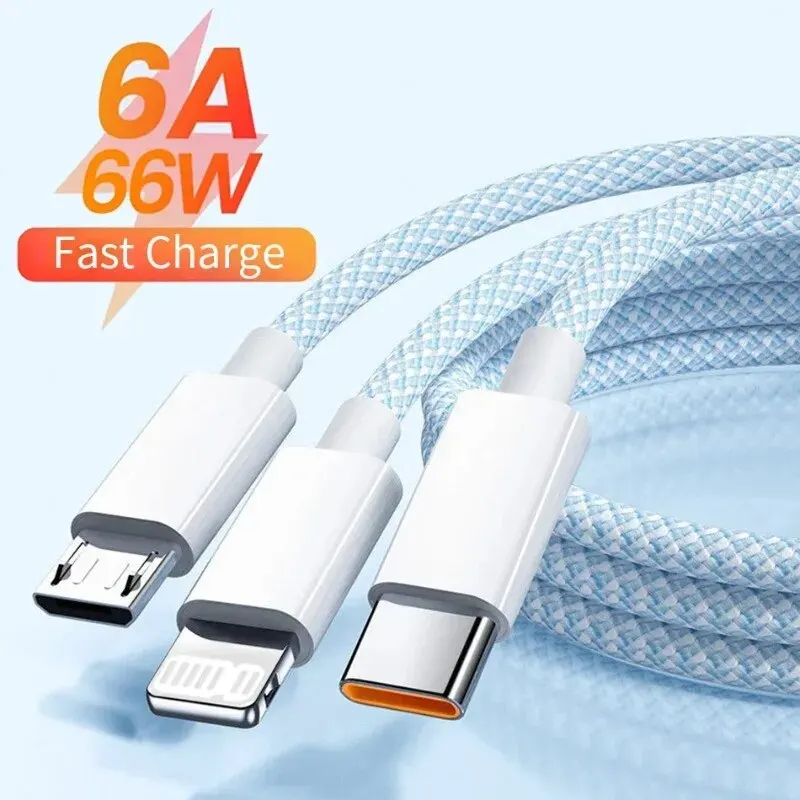 Кабель USB типа C 66 Вт 6A 3 в 1 для Huawei Xiaomi Samsung OPPO Lightning Data Transfer iPhone 2 м