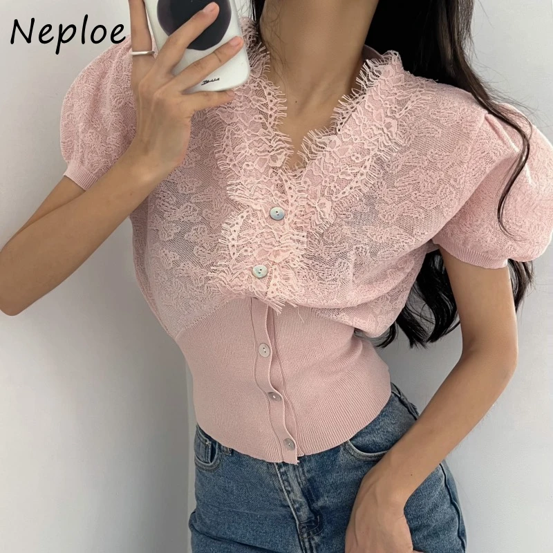 Neploe модные винтажные вязаные топы с v-образным вырезом Lcae Mujer 2024 новые летние
