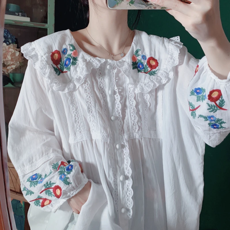 Spring Autumn Women Mori Kei Girls Sweet Girly Lace Hemming Floral Embroidery Oversized Embroidered Cotton White Shirts/Blouses