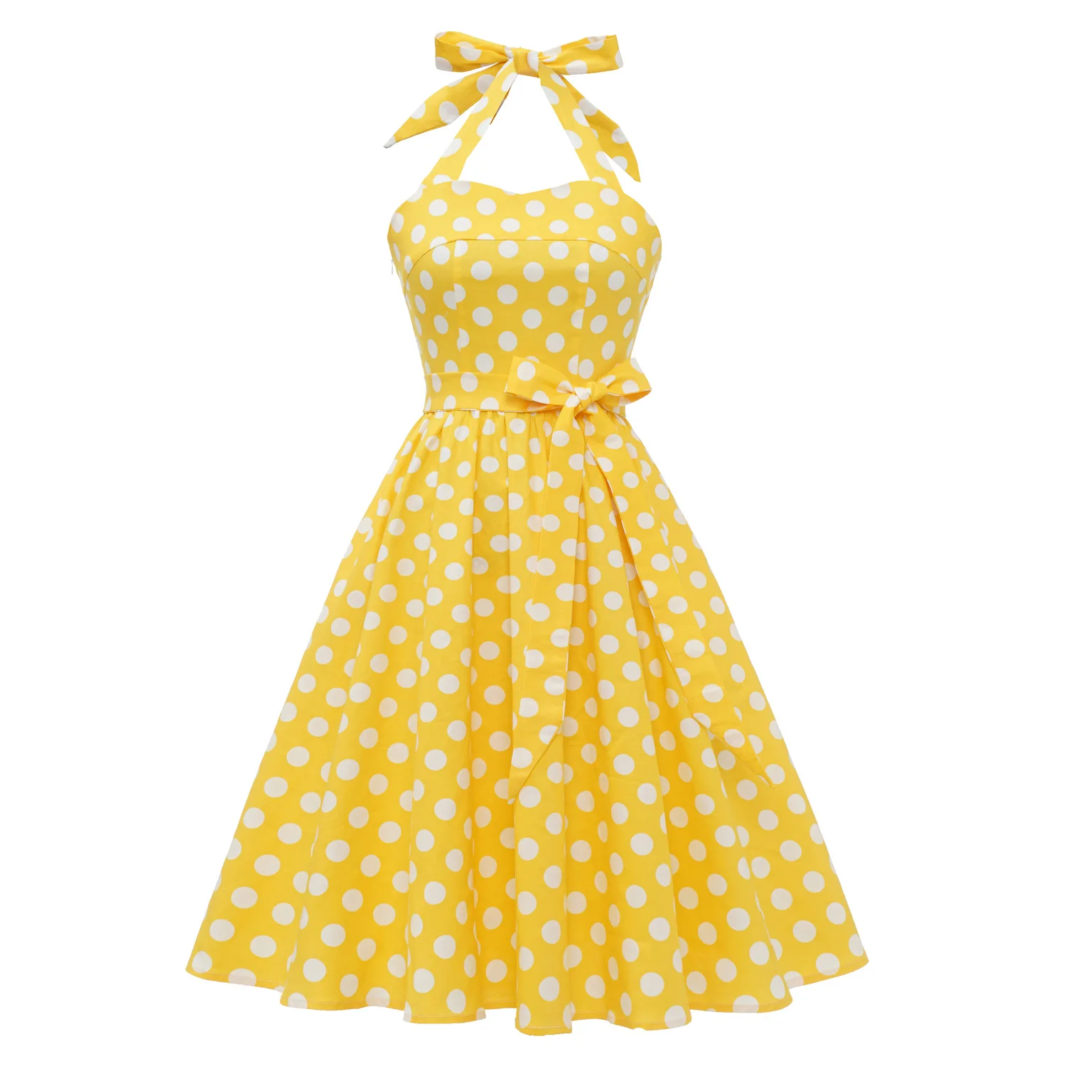 

Hepburn Style Women Vintage Dress Polka-dot Sexy Lace-up Collar Hanging Neck Female Party Evening Dresses Sundress Summer