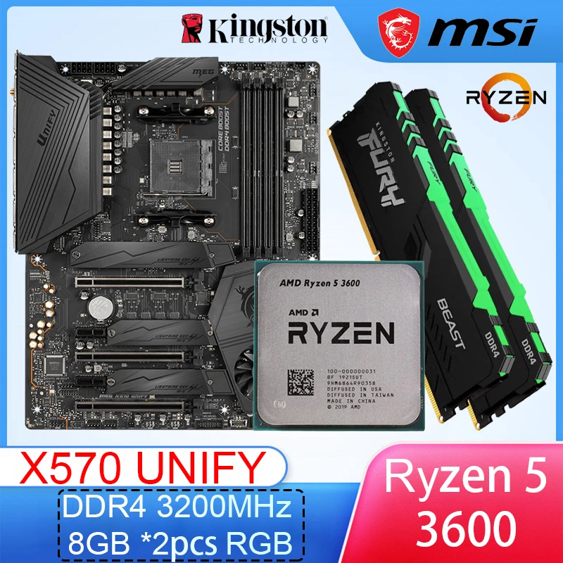 

MSI MEG X570 UNIFY Motherboard + AMD Ryzen 5 3600 CPU + DDR4 3200MHz 8GB *2pcs RGB RAM Socket AM4 Placa-mãe ATX Mainboard NEW