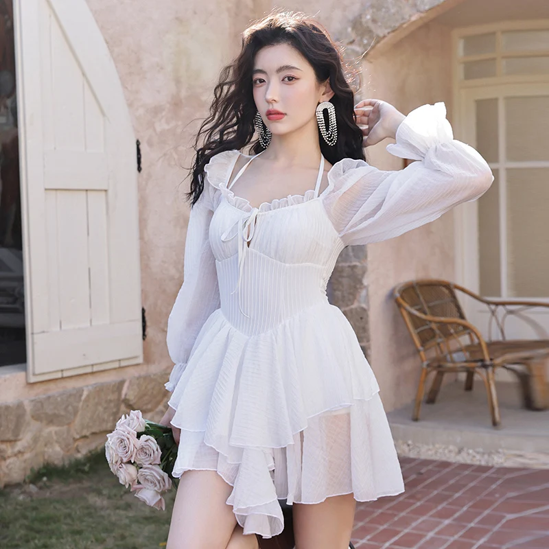 

2023 сексуальный цельный купальник, женский белый купальник, женский корейский купальный костюм с длинным рукавом и листьями лотоса, монокини с высокой талией и вырезами