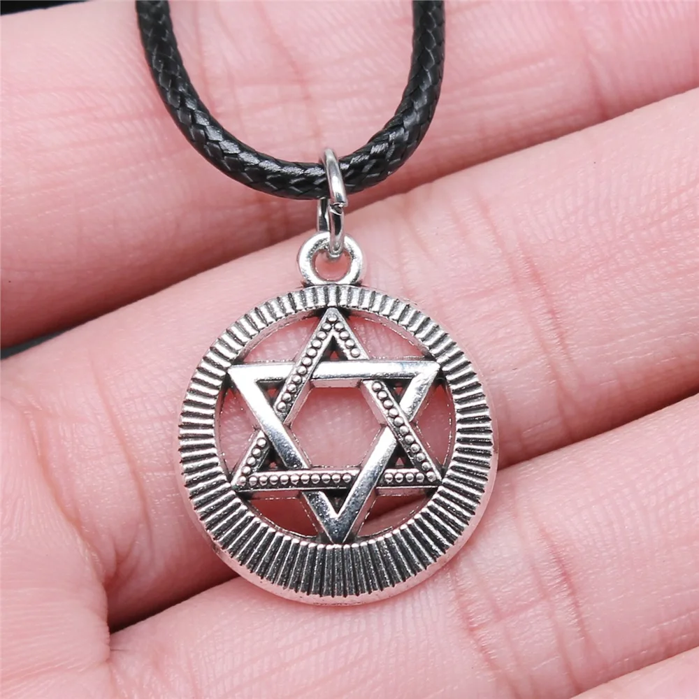 

Dropshipping Antique Silver Color 24x20mm Star Of David Pendant Faux Black Leather Rope Chain Necklace