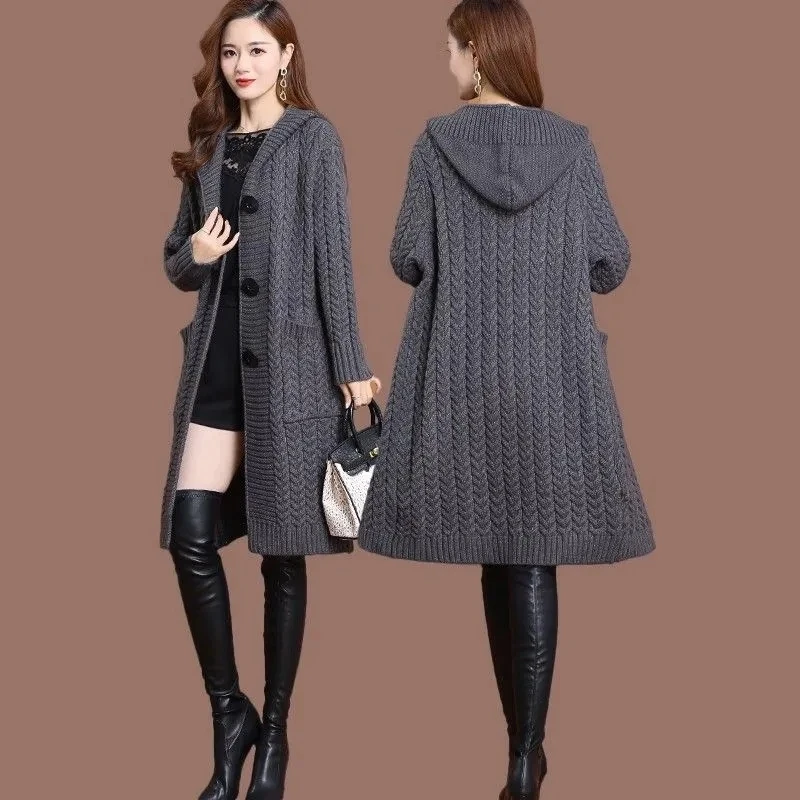 

New Hooded Sweater Coat Autumn Winter 2023 Women's Color High-Grade Cardigan Long Loose Belly-Covered Knitwear Jacket Female Top
