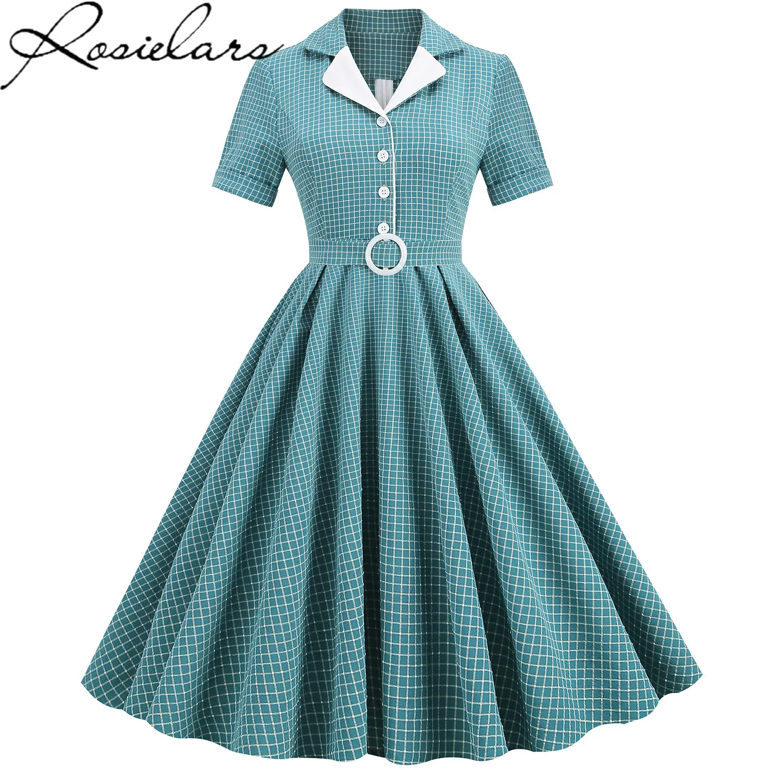 

Rosielars Summer Women Fashion Elegant Dress Short Sleeve Plaid Swing Midi Dresses Casual Tunic Vintage Dress Robe Vestidos