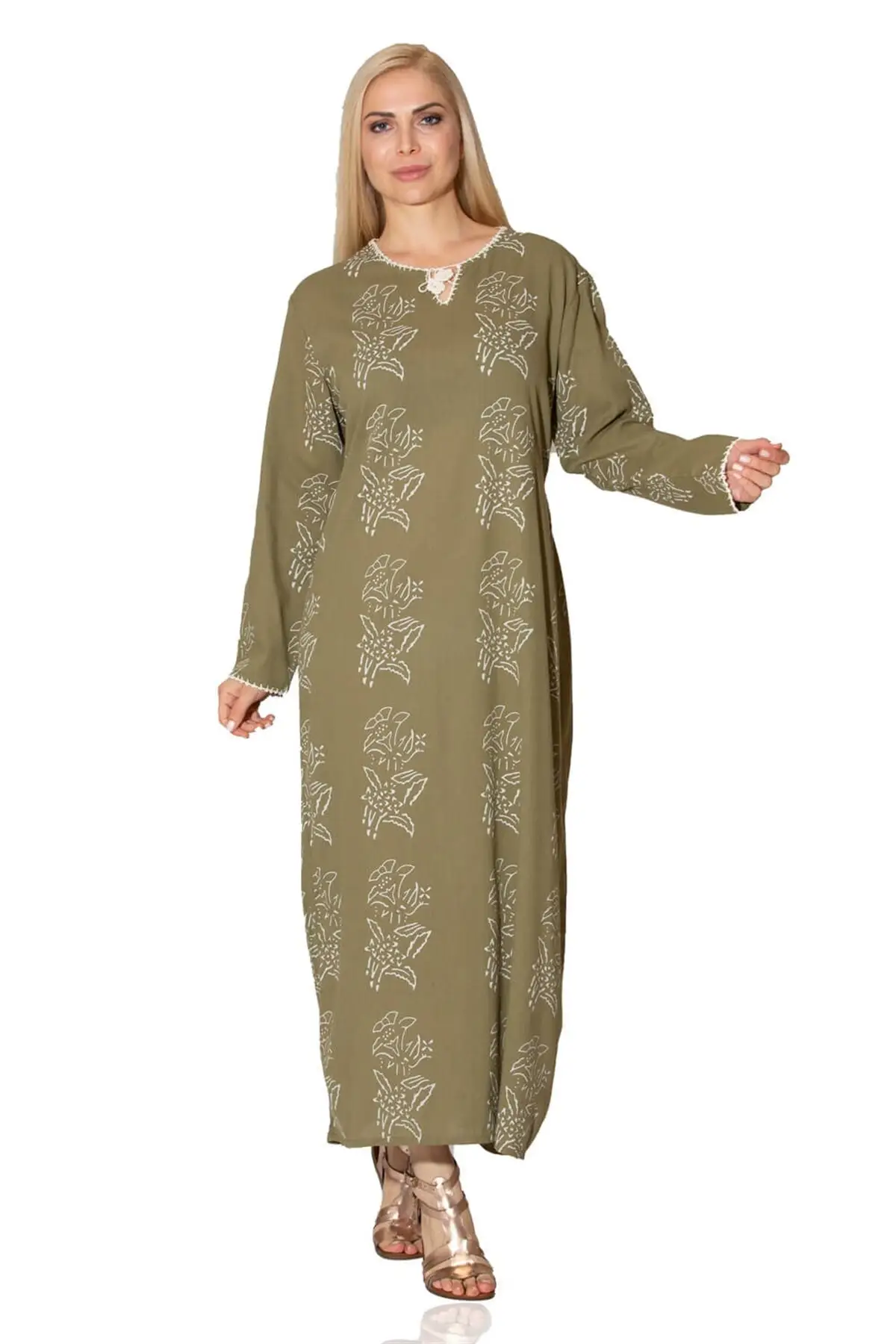 

Large size long sleeve sleeve cloth printed long dress zipper pattern khaki Hk