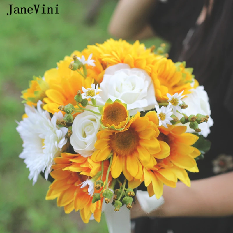 

JaneVini Elegant Yellow Sunflowers Wedding Bride Bouquet Flowers Artificial White Silk Roses Boho Bridal Bouquets Ramos De Novia