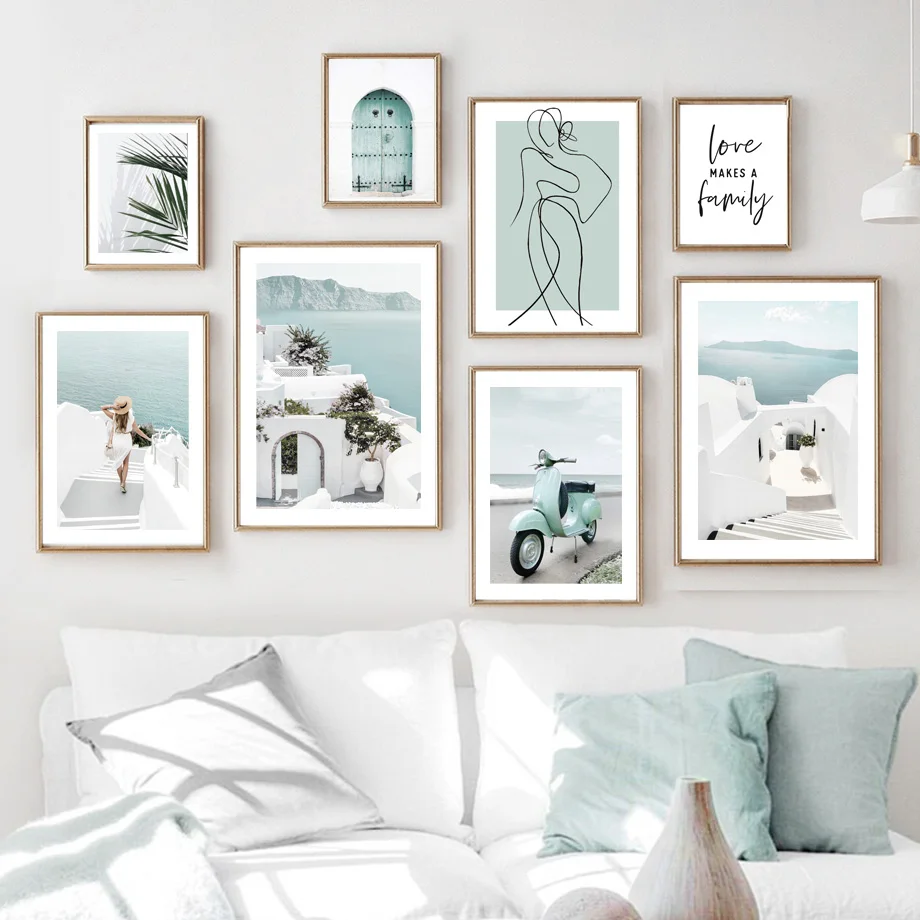 

Greece Santorini Island Girl Bike Monstera Lines Posters And Prints Wall Art Canvas Painting Wall Pictures For Living Room Decor