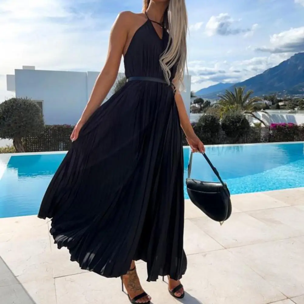 

Evening Dress Pleated Hollow Out Sleeveless Solid Color Party Dress Female Clothes