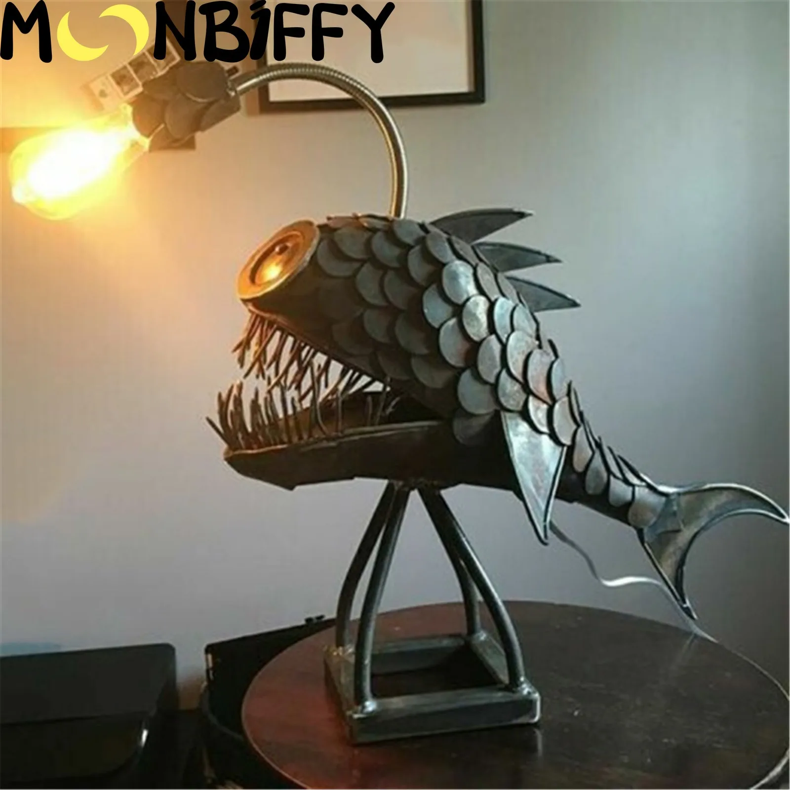 NEW Creative Angler Fish Desk Lamp Shark Desktop Night Light USB Metal Art Lantern Table Decoration Bedroom Home Decoration Gift