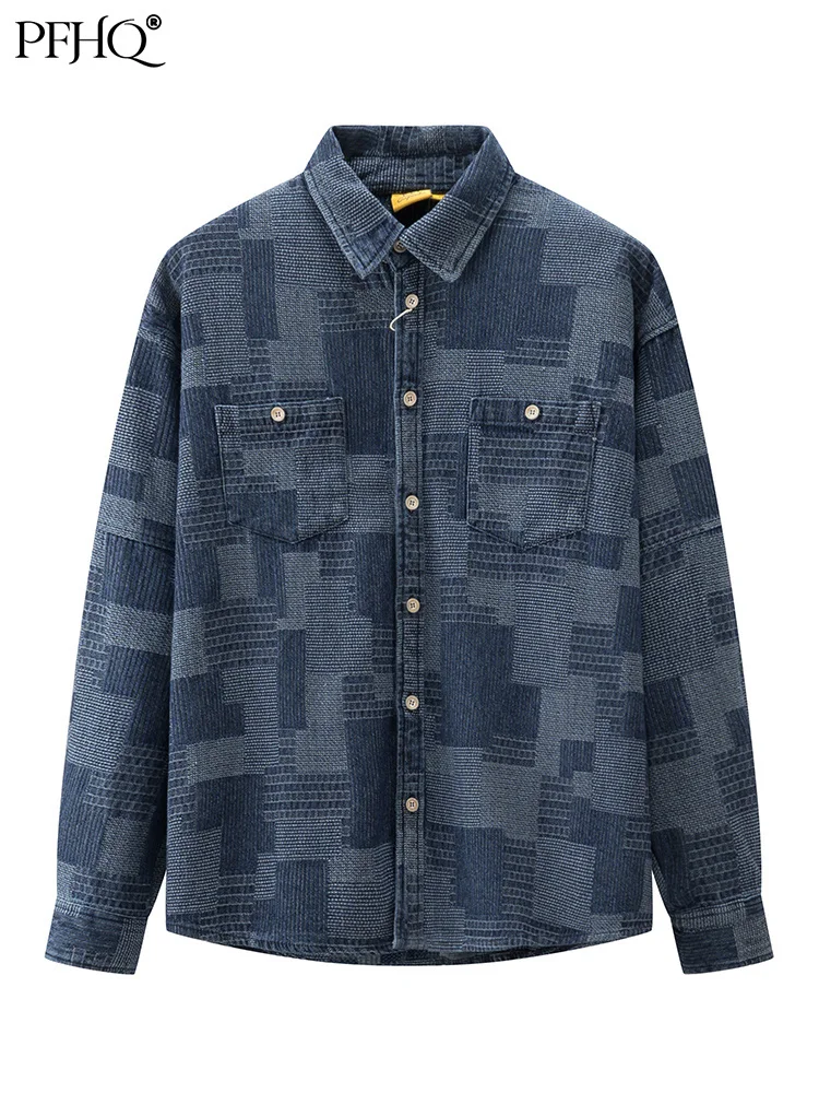 

PFHQ 2022 Spring Autumn Original Men's High Value Washed Denim Plaid Loose Pocket Long Sleeve Shirt Stylish Clothes Coat 21Q1929